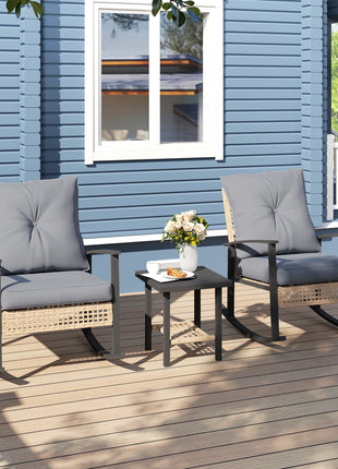 3 Pieces Bistro Set, Patio Wicker Furniture Set with Button Tufted Cushions, Rattan Rocking Chairs, Coffee Table, Gray