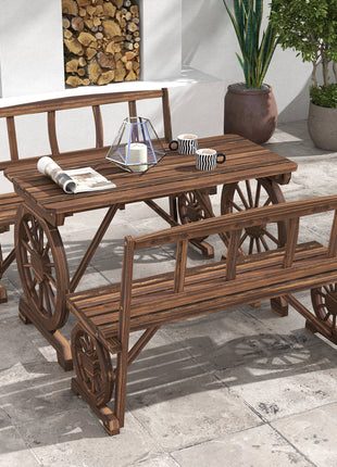 Patio Table and Chairs for 4 People, Wagon Wheel Design, Outdoor Furniture Set for Backyard, Garden, Carbonized