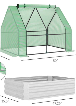 4 x 3 x 3ft Metal Planter Box with Mini Greenhouse, Galvanized Raised Garden Bed with Cover for Herbs and Vegetables, Small Greenhouse for Patio Garden Balcony, Green and Gray