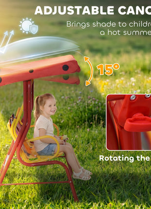 Kids Patio Swing, Adjustable Canopy Swing Glider, Kids Outdoor Swing Chair with 2 Seats, Seat-Belted Safety, Red