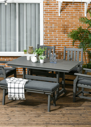 6 Pieces Patio Dining Set, 6 Seater Outdoor Table and Chairs, Conversation Furniture, Armrests, Loveseat Bench, Dinner Table with Umbrella Hole, Cushions, Dark Gray