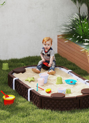 Kids Sandbox with Cover, 4 Corner Seats, Bottom Liner for Backyard, Garden, Outdoor, 71" x 42" W x 9", Dark Brown