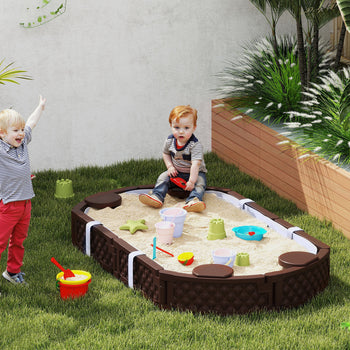 Kids Sandbox with Cover, 4 Corner Seats, Bottom Liner for Backyard, Garden, Outdoor, 71" x 42" W x 9", Dark Brown