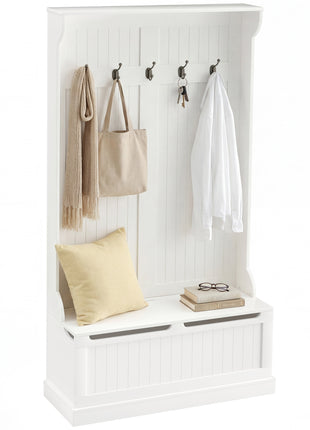3-In-1 Entryway Bench with Coat Rack, Hall Tree with Bench and Shoe Storage, 5 Hooks for Hallway Cream White
