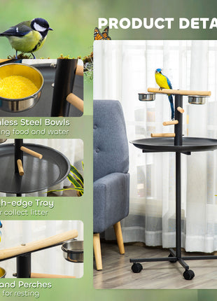 Portable Bird Play Stand, Parrot Perch Bird Feeder Station with Wheels, Stainless Steel Feeding Bowls, Tray, Gray