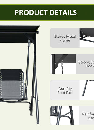 2-Seat Outdoor Porch Swing, with Pivot Storage Table, Cup Holder, & Adjustable Overhead Canopy, Stand's Skid-Resistant Feet Pad, Breathable Mesh Seat, Steel Frame, for Patio, Black