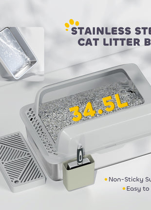 Stainless Steel Litter Box with Metal Scoop & Scoop Holder, High Sided, Anti-Urine Leakage, Non-Sticky