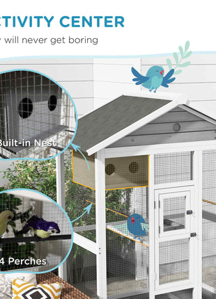 64.5" Wooden Bird Cage Aviary, Flight Cage with 4 Perches, Nest and Slide-Out Tray for Indoor/Outdoor, Gray