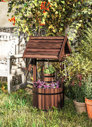 Wood Wishing Well for Outside with Hanging Bucket, Wishing Well Planter with Drain Hole for Garden Patio, Carbonized