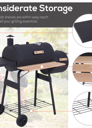 Charcoal BBQ, Portable Grill with Wheels, All-in-One Grill, Side vent, Two Shelves and Metal Grating, Lit-Mounted Thermometer, Wooden Handle, for Outdoor Cooking, Black
