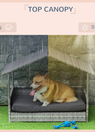 Wicker Dog House Elevated Raised Rattan Bed with Removable Cushion Lounge, Charcoal Gray