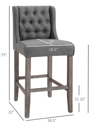 26.25" Counter Height Bar Stools, Tufted Wingback Armless Upholstered Dining Chair with Rubber Wood Legs, Set of 2, Gray