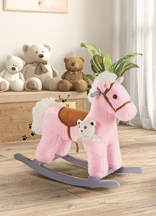 Kids Rocking Horse with Bear Toy, Plush Animal Rocker with Fun Realistic Sounds for Toddler 18-36 Months, Pink