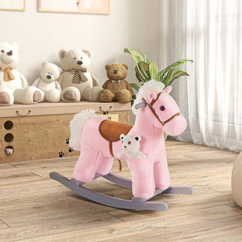 Kids Rocking Horse with Bear Toy, Plush Animal Rocker with Fun Realistic Sounds for Toddler 18-36 Months, Pink