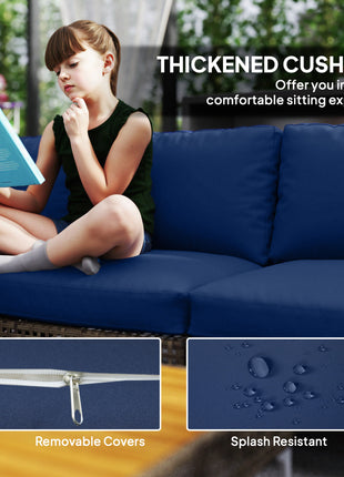 7 Piece Wicker Patio Furniture Set, Modular Outdoor Sectional with Thickened Cushions, Acacia Wood Table, Brown/Blue
