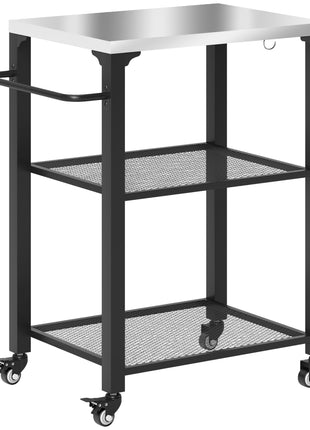 3-Shelf Outdoor Grill Cart with Stainless Steel Tabletop, Movable Pizza Oven Table with Hooks, Side Handle, Wheels