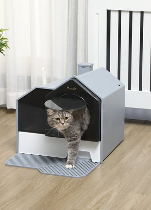 Hooded Cat Litter Box w/ Litter Mat, Litter Particle Catching, Gray