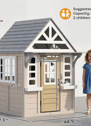 Outdoor Playhouse, Wooden Kids Playhouse with Dog Door, Cookware, Planter Box, Bell, Blackboard, Clock for Backyard