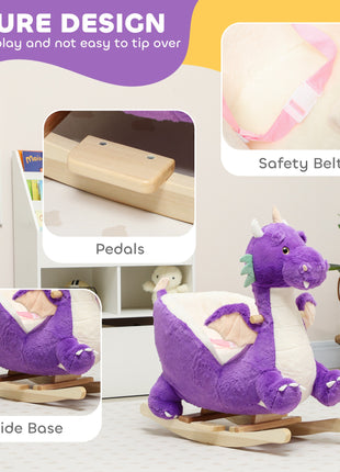 Baby Rocking Horse, Kids Ride On Dragon Toy with Realistic Dragon Roar and Safety Belt for Kids 18–36 Months, Purple