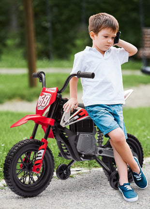 12V Kids Electric Motorcycle w/ Twist Grip Throttle, Training Wheels, Rear Suspension & Music, Red
