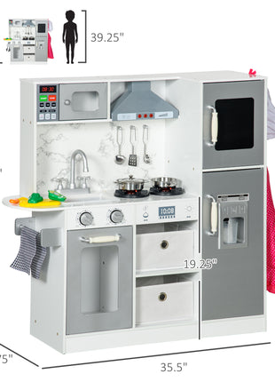 Play Kitchen Set for Kids W/ Lights Sounds, Apron and Chef Hat, White