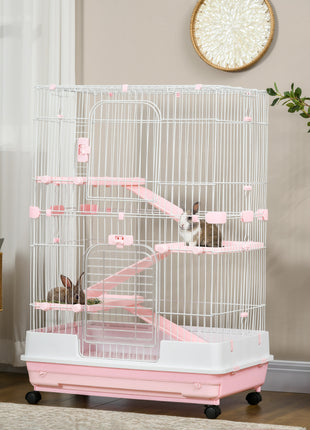 32"L 4-Level Small Animal Cage Rabbit Hutch with Wheels, Slide-out Tray for Bunny, Chinchillas, Ferret, Pink