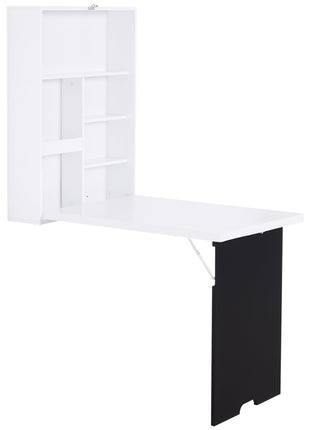 Wall Mounted Foldable Desk with a Blackboard, Fold Out Convertible Floating Desk with Shelves, White
