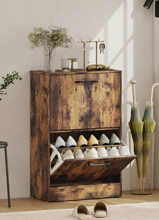 Shoe Cabinet 2 Flip Drawers Narrow Shoe Storage Unit Adjustable Dividers Entryway Hallway Rustic Brown