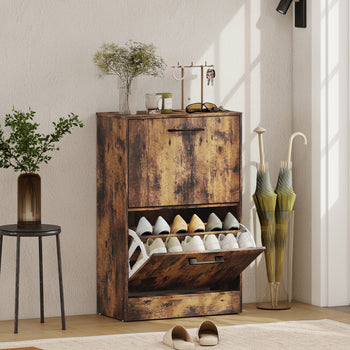 Shoe Cabinet 2 Flip Drawers Narrow Shoe Storage Unit Adjustable Dividers Entryway Hallway Rustic Brown