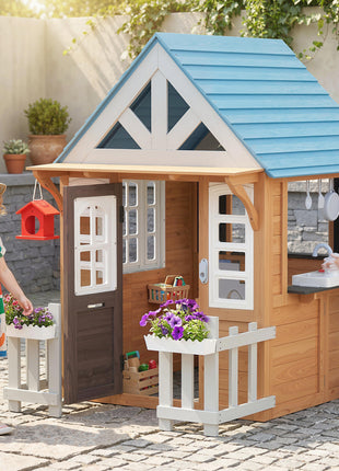 Wooden Kids Playhouse with Pet Door, Play Kitchen, Mailbox, Doorbell, Birdhouse, Fence and Windows for Pretend Play