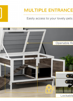 Wood Rabbit Hutch, Elevated Guinea Pig Cage with Run, Coffee