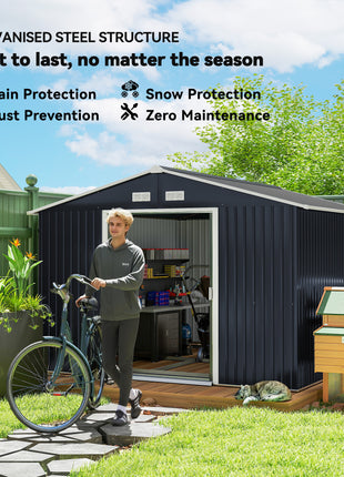 11' x 9' Outdoor Storage Shed, Garden Tool Metal Shed with Foundation Kit, Double Lockable Door, Air Vents and Sloping Roof, for Backyard, Patio, Lawn, Dark Gray