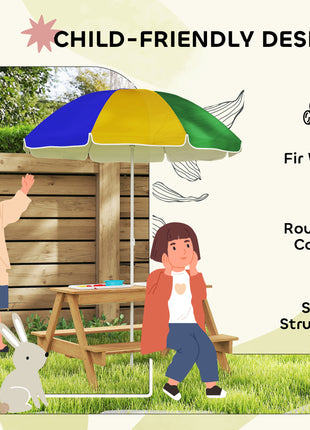 Wooden Outdoor Kids Picnic Table with Removable Umbrella, Children Sand and Water Activity Table for Patio, Mixed Color