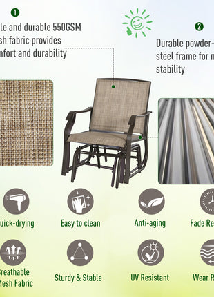 3 Piece Outdoor Glider Chair with Coffee Table Bistro Set, 2 Patio Rocking Swing Chairs with Breathable Sling Fabric, Glass Tabletop, for Backyard, Garden and Porch, Mixed Brown