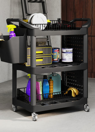 3-Tier Rolling Tool Cart, 200 LBS Capacity Plastic Utility Cart with Side Shelf and Storage Bucket, Black