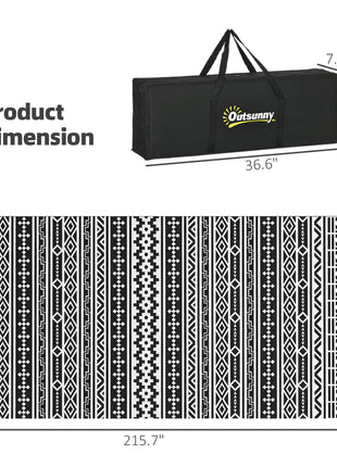 Reversible Outdoor Rug, Waterproof Plastic Straw with Carry Bag, 9' x 18', Black & White Geometric Wall