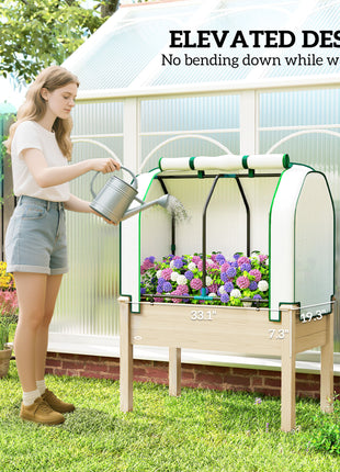 Raised Garden Bed with PE Greenhouse Cover Outdoor Planter Box for Herbs and Vegetables, 35 x 22 x 47 inch, Natural