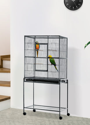 30" Rolling Metal Bird Cage Feeder with Detachable Rolling Stand, Storage Shelf, Wood Perch & Food Container