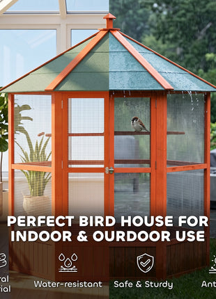 69" Wooden Hexagonal Outdoor Aviary Flight Bird Cage With Covered Roof, Brown