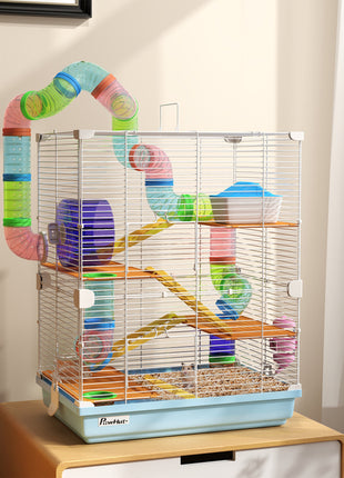 5 Tiers Hamster Cage Portable Animal Travel Carrier w/ Exercise Wheels Tube, Light Blue
