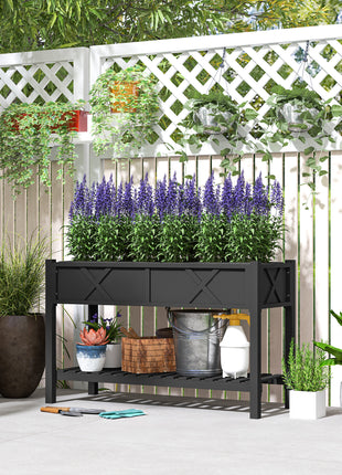 Raised Garden Bed, 47 x 22 x 31.5 in. Elevated Wood Planter Box with Storage Shelf, Drainage Holes, and Liner, Black