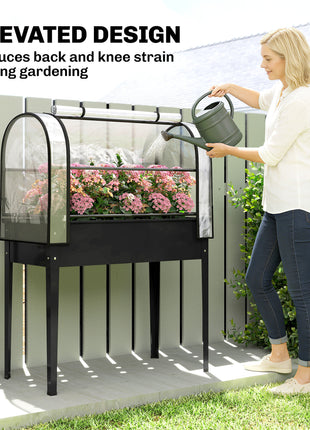 Raised Garden Bed with Flip-Up Greenhouse Cover, Metal Elevated Garden Bed with Legs and Drainage Hole, Black