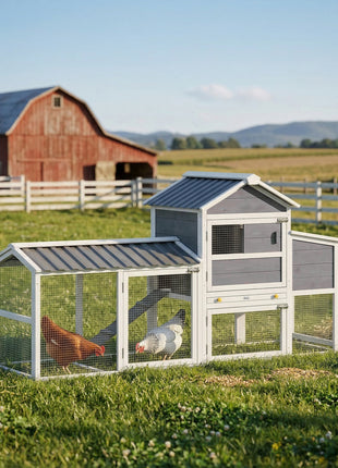 Chicken Coop with Wheels, 80" L Mobile Hen House with Run, Outdoor Wooden Chicken House with Nesting Box, Tray, Ramp