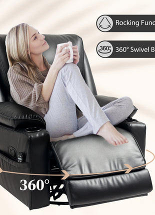 Recliner Massage Armchair with Heat Oversized Swivel Rocker with Footrest Remote and Side Pockets Black