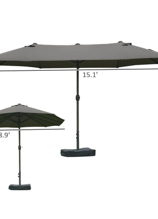 Patio Umbrella 15' Steel Rectangular Outdoor Double Sided Market with base, UV Sun Protection & Easy Crank for Deck Pool Patio Dark Gray