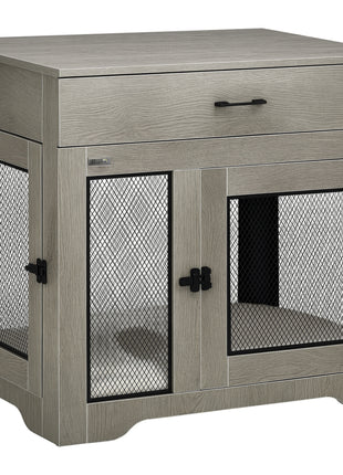 Dog Crate Furniture with Soft Water-Resistant Cushion, Drawer, for Small Dogs, Grey