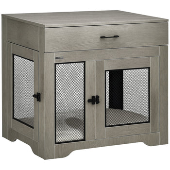 Dog Crate Furniture with Soft Water-Resistant Cushion, Drawer, for Small Dogs, Grey