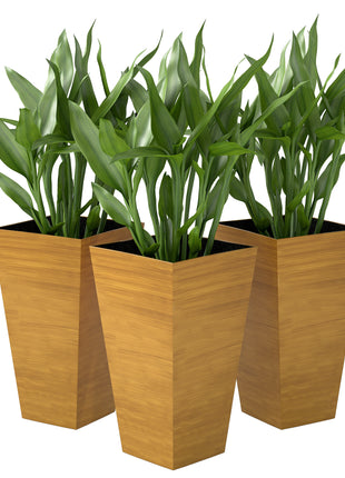 Set of 3 Tall Planters, 28" Outdoor Planter w/ Drainage Holes, Faux Wood Plastic Flower Pots, Light Brown