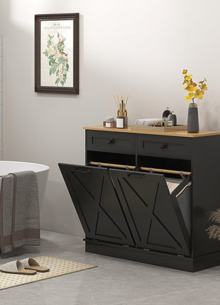 Tilt Out Laundry Hamper Cabinet, Bathroom Storage Cabinet with 2 Removable Baskets and 2 Drawers, Black