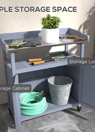Outdoor Wooden Potting Bench with Storage Cabinet, Aluminum Tabletop, Rubber Wheels for Backyard, Patio, Balcony, Gray